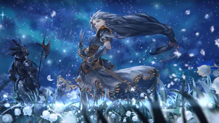 HD PC desktop wallpaper featuring Silmeria Valkyrie, Lenneth Valkyrie, and Hrist Valkyrie from the video game Valkyrie Profile in a starry, floral battlefield.