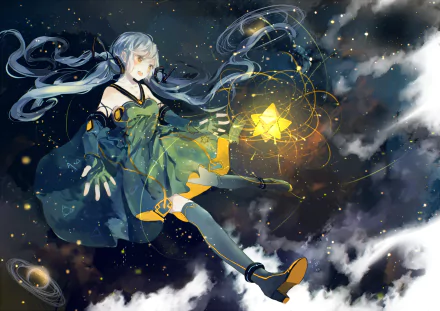 HD PC desktop wallpaper featuring Stardust from Vocaloid in an anime style, surrounded by cosmic elements and glowing stars against a dark, starry background.