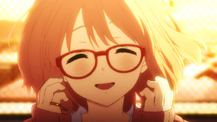 HD desktop wallpaper featuring Mirai Kuriyama from the anime Kyoukai no Kanata (Beyond the Boundary), smiling warmly with her signature red glasses and short, wavy hair illuminated by soft, golden light.