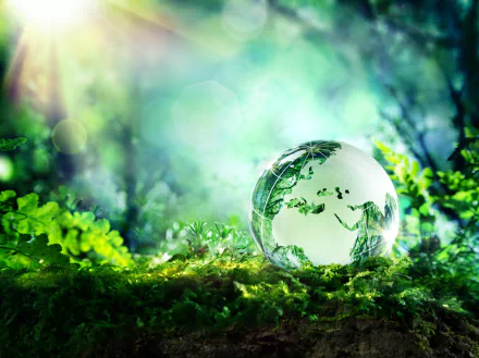 HD desktop wallpaper featuring a glass Earth globe resting on vibrant green moss, symbolizing Earth Day and environmental celebration.