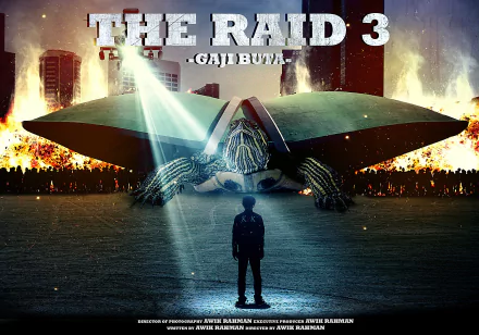 2K Quad HD PC desktop wallpaper/background for the movie The Raid 3: a lone silhouetted figure faces a colossal armored turtle as a city burns under a stormy sky.