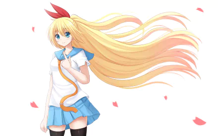 Anime character Chitoge Kirisaki from Nisekoi, with long blonde hair, blue eyes, and a school uniform, smiles while surrounded by petals. She wears a tie, skirt, and thigh-high stockings.
