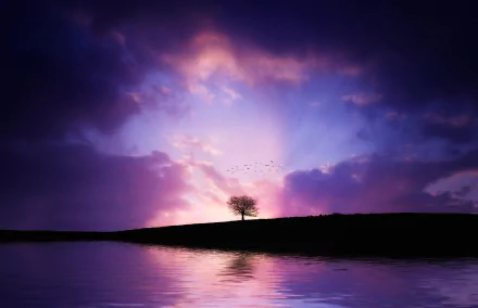 A serene sunset over a tranquil lake, featuring a silhouetted lonely tree against a vibrant purple and pink sky, with birds gliding through the light clouds.