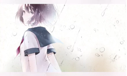 A sad anime girl in a school uniform with short black hair and black eyes, stands in the rain with tears on her face. The background features raindrops and water drops, providing an emotional HD wallpaper.
