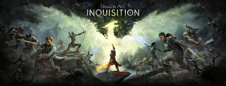 HD desktop wallpaper of Dragon Age: Inquisition featuring magic-wielding warriors and a dragon, centered around a sword raised against a dark, stormy backdrop.