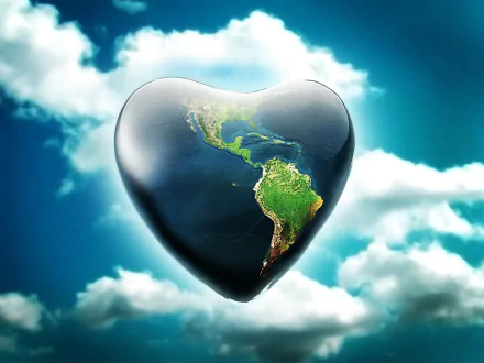 A vibrant HD desktop wallpaper featuring a heart-shaped Earth against a backdrop of clouds, celebrating the spirit of Earth Day. Environmentally inspired and visually striking.