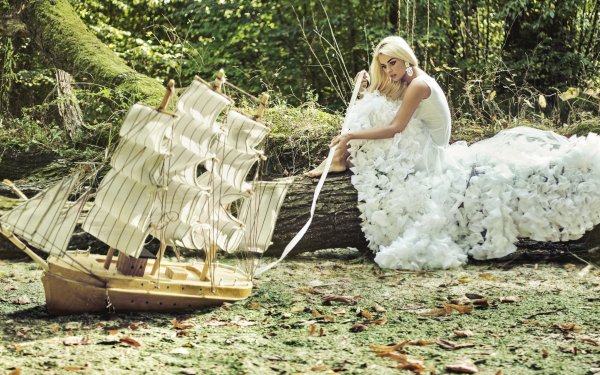 Women Artistic Model Blonde Sailboat White Dress Earrings HD Wallpaper | Background Image
