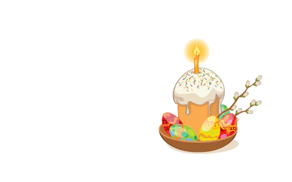 A minimalist HD wallpaper featuring a festive birthday cake with a candle, surrounded by colorful Easter eggs and decorative branches, capturing the joy of holiday celebrations.