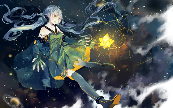 HD PC desktop wallpaper featuring Stardust from Vocaloid in an anime style, surrounded by cosmic elements and glowing stars against a dark, starry background.