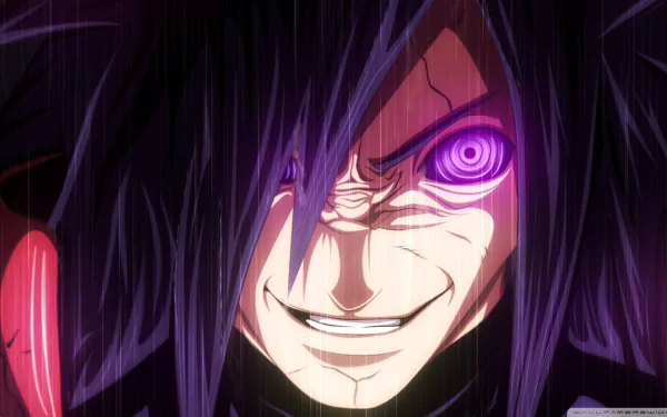 HD desktop wallpaper featuring Madara Uchiha from the anime Naruto, showing a close-up of his intense expression with glowing purple eyes.