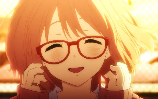 HD desktop wallpaper featuring Mirai Kuriyama from the anime Kyoukai no Kanata (Beyond the Boundary), smiling warmly with her signature red glasses and short, wavy hair illuminated by soft, golden light.