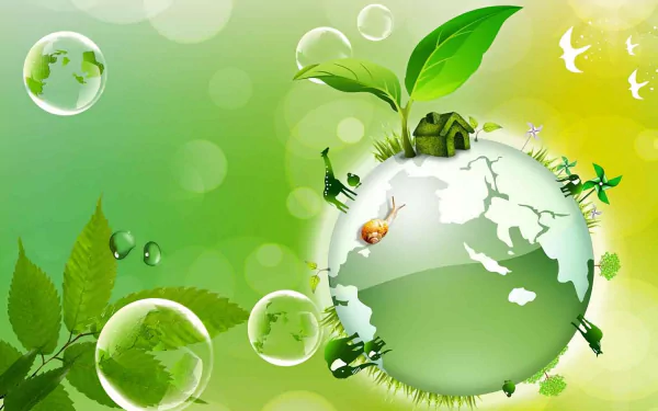 A vibrant HD desktop wallpaper showcasing Earth on a green background, adorned with plants, animals, and bubbles, celebrating the spirit of Earth Day.