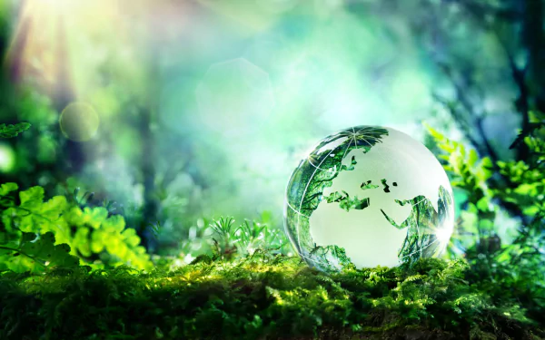 HD desktop wallpaper featuring a glass Earth globe resting on vibrant green moss, symbolizing Earth Day and environmental celebration.