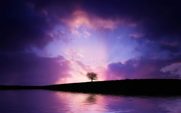 A serene sunset over a tranquil lake, featuring a silhouetted lonely tree against a vibrant purple and pink sky, with birds gliding through the light clouds.