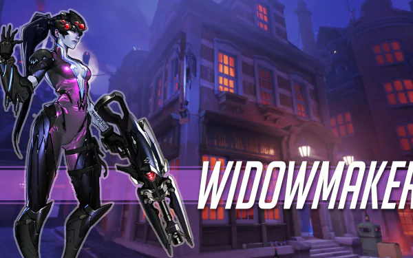 HD PC wallpaper of Amélie Lacroix (Widowmaker) from Blizzard Entertainment's video game Overwatch, posed with her sniper rifle before a moody nighttime cityscape.