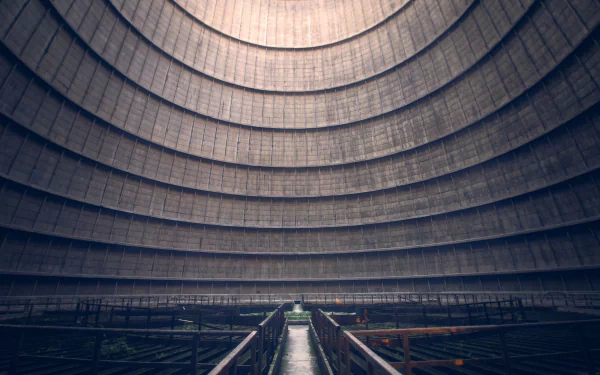 Interior of a ruined man-made cooling tower in Belgium, concentric concrete rings lit from above; 2K Quad HD PC desktop wallpaper and background.