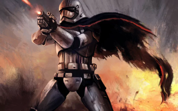 Captain Phasma stands poised in her silver armor, firing her blaster amid a fiery explosion, showcasing her fierce presence from Star Wars Episode VII: The Force Awakens.