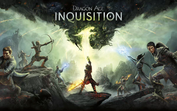 HD desktop wallpaper of Dragon Age: Inquisition featuring magic-wielding warriors and a dragon, centered around a sword raised against a dark, stormy backdrop.
