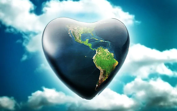 A vibrant HD desktop wallpaper featuring a heart-shaped Earth against a backdrop of clouds, celebrating the spirit of Earth Day. Environmentally inspired and visually striking.