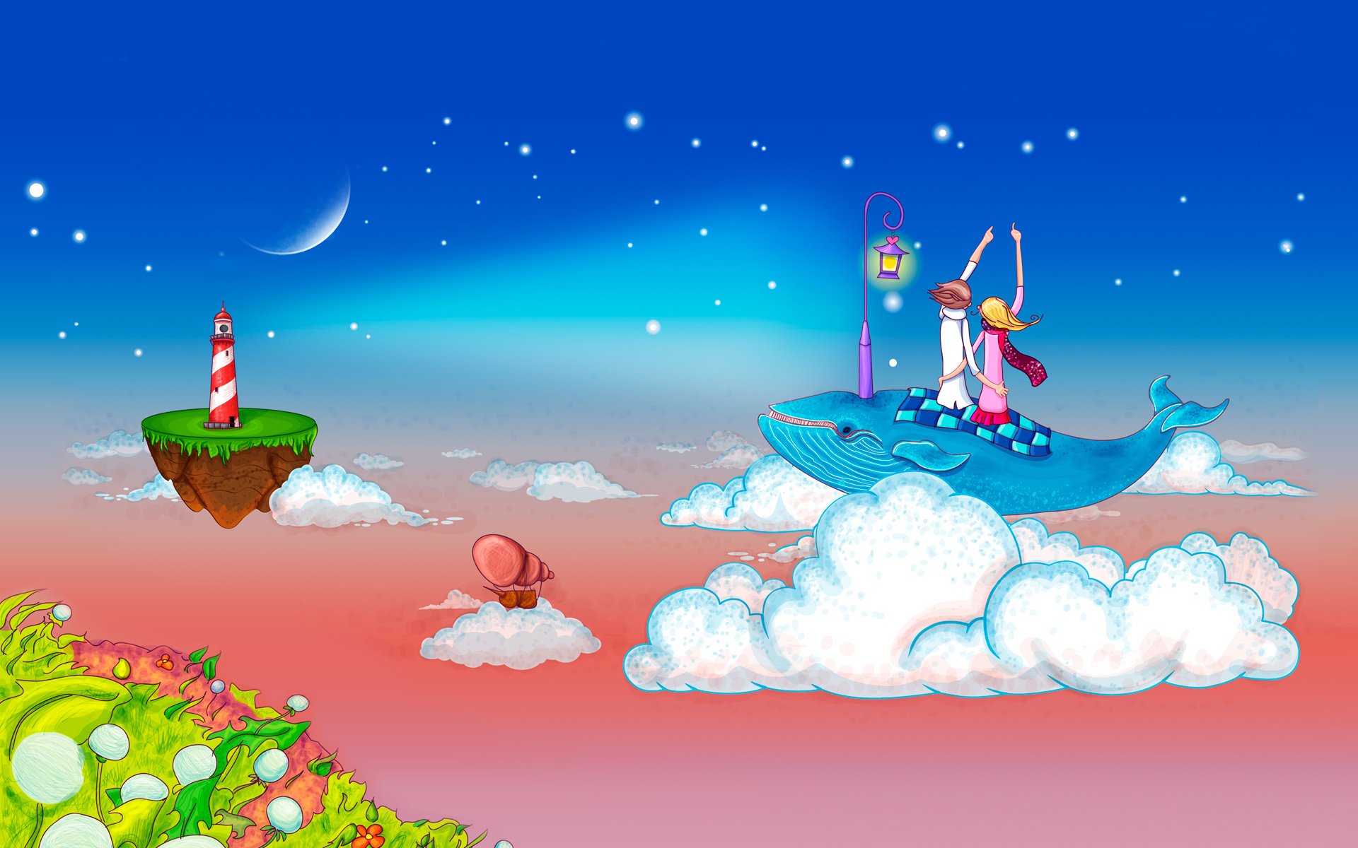 A whimsical HD wallpaper featuring a romantic scene with a couple riding a blue whale amidst clouds, stars, and a serene landscape, capturing a dreamy, artistic essence of love.