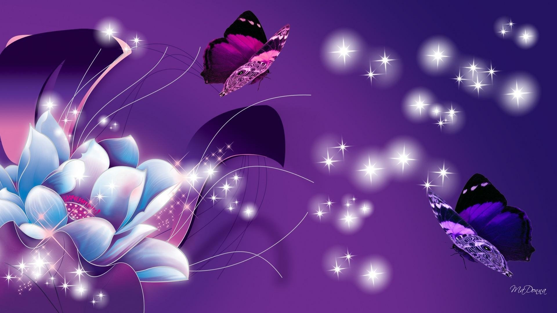 Blue And Purple Flower And Butterflies Hd Wallpaper Background