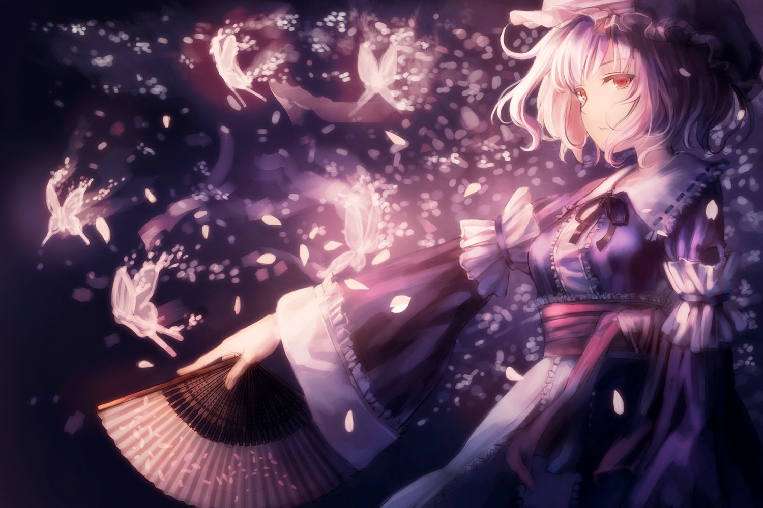 Anime-style HD wallpaper of Yuyuko Saigyouji from Touhou, featuring her white short hair, red eyes, wearing a yukata, holding a fan, surrounded by glowing butterflies and petals.