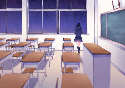 A serene anime scene of a girl gazing out of a classroom window at a starry night, with empty desks and a chalkboard, creating a reflective and tranquil atmosphere. HD PC desktop wallpaper and background.