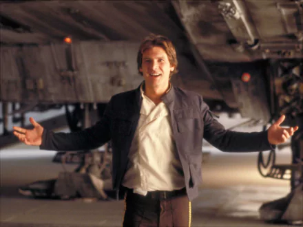 Han Solo, portrayed by Harrison Ford, stands confidently with arms outstretched in this iconic Star Wars scene, surrounded by the sleek lines of a spaceship.