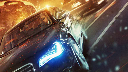 HD PC desktop wallpaper featuring a high-speed car chase scene from the movie The Transporter Refueled, with dynamic lighting and intense action.