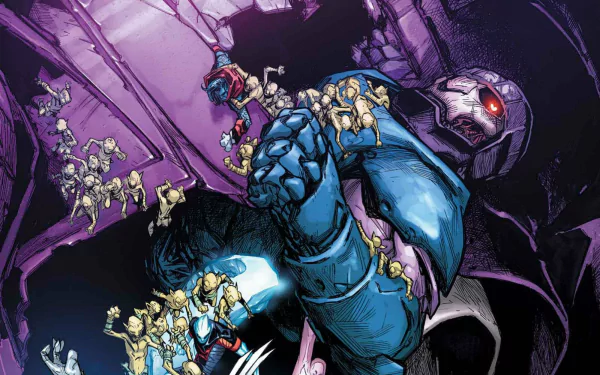 HD PC desktop wallpaper: Extraordinary X-Men comic art of a massive Sentinel clutching tiny X‑Men superheroes against a shattered purple background.