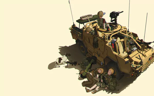 HD anime-style military scene showing armed soldiers resting beside a detailed armored vehicle, set against a minimalist light background.