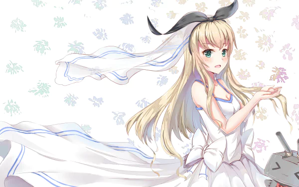 HD anime desktop wallpaper featuring Shimakaze from Kantai Collection with long blonde hair and her signature white outfit and accessories.