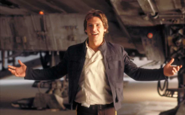 Han Solo, portrayed by Harrison Ford, stands confidently with arms outstretched in this iconic Star Wars scene, surrounded by the sleek lines of a spaceship.