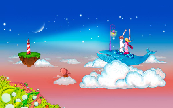 A whimsical HD wallpaper featuring a romantic scene with a couple riding a blue whale amidst clouds, stars, and a serene landscape, capturing a dreamy, artistic essence of love.