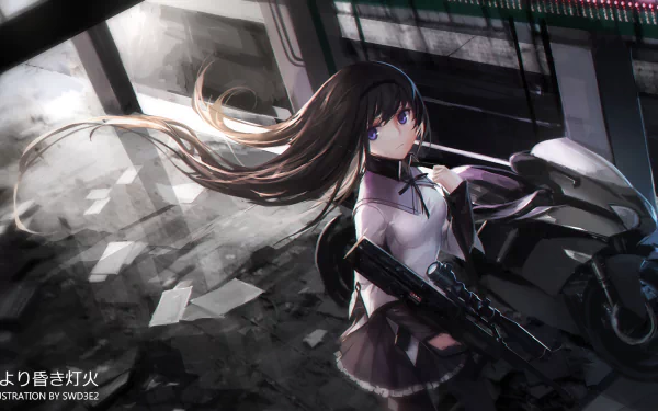 Homura Akemi from Puella Magi Madoka Magica stands confidently with a gun, surrounded by a dark, urban environment in this HD desktop wallpaper.