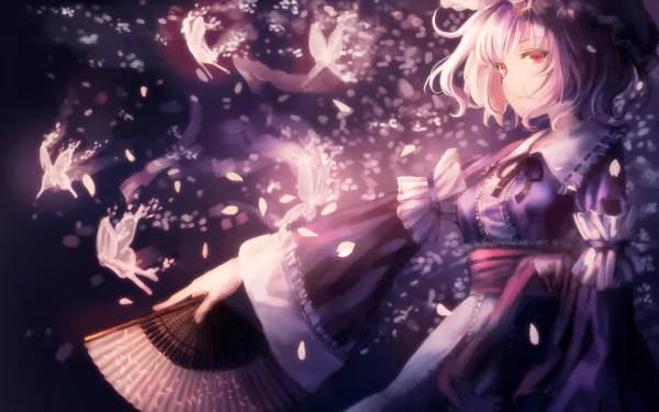 Anime-style HD wallpaper of Yuyuko Saigyouji from Touhou, featuring her white short hair, red eyes, wearing a yukata, holding a fan, surrounded by glowing butterflies and petals.