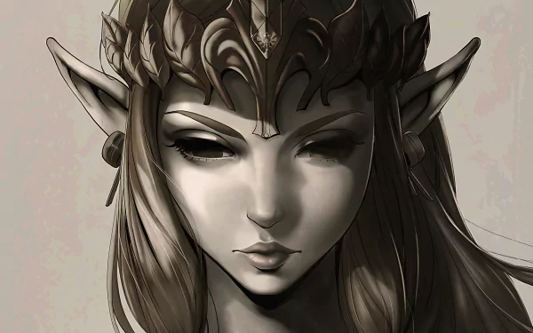 HD PC desktop wallpaper featuring a detailed grayscale portrait of Princess Zelda from the video game The Legend of Zelda: Twilight Princess.