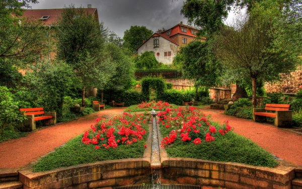 Photography HDR Man Made House Garden Flower Tree Courtyard Bench Colors Colorful HD Wallpaper | Background Image