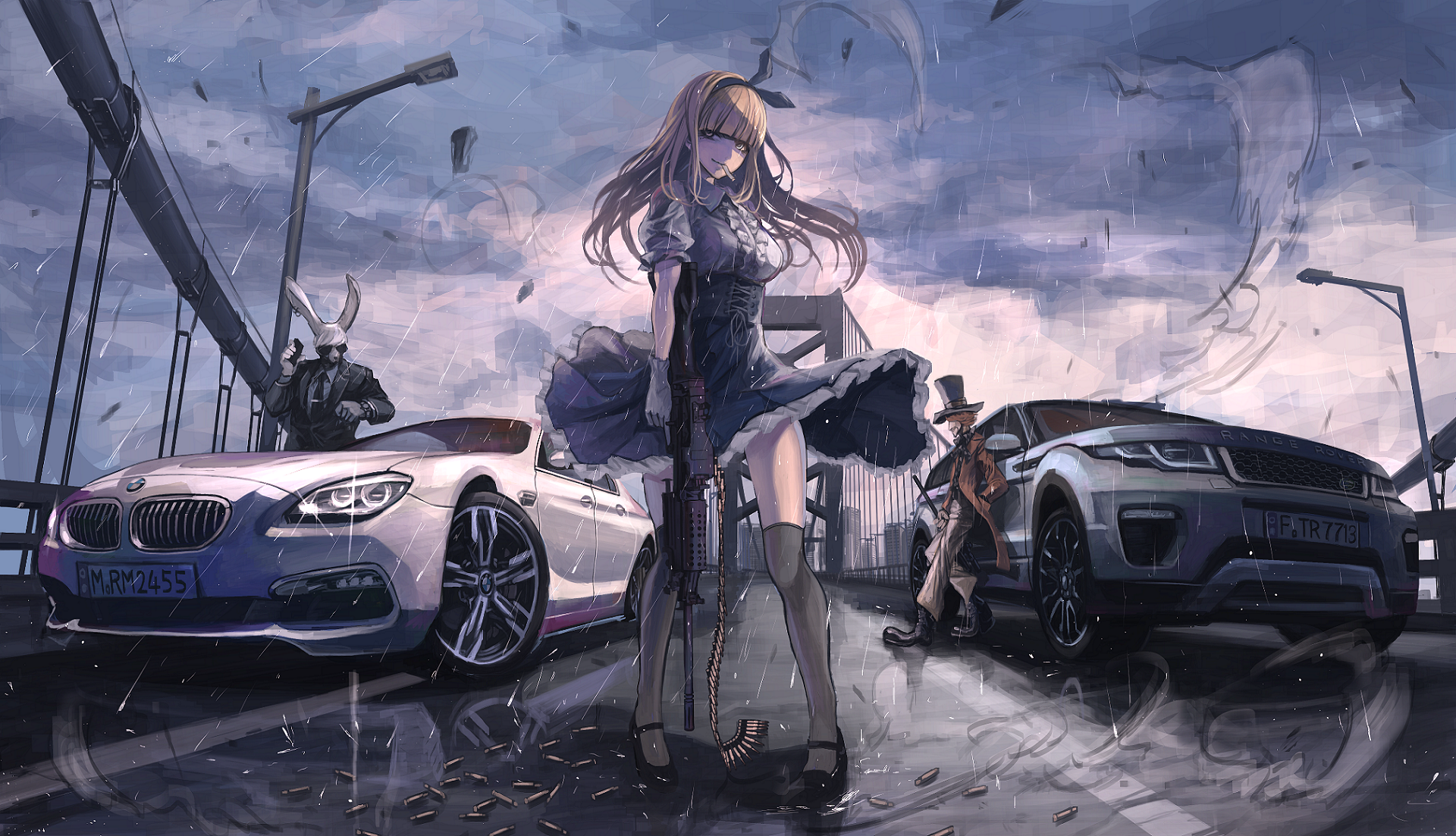 An anime-inspired depiction of Alice in Wonderland features Alice striking a pose amidst sleek cars, with the Mad Hatter and a mysterious character in a dynamic urban setting.
