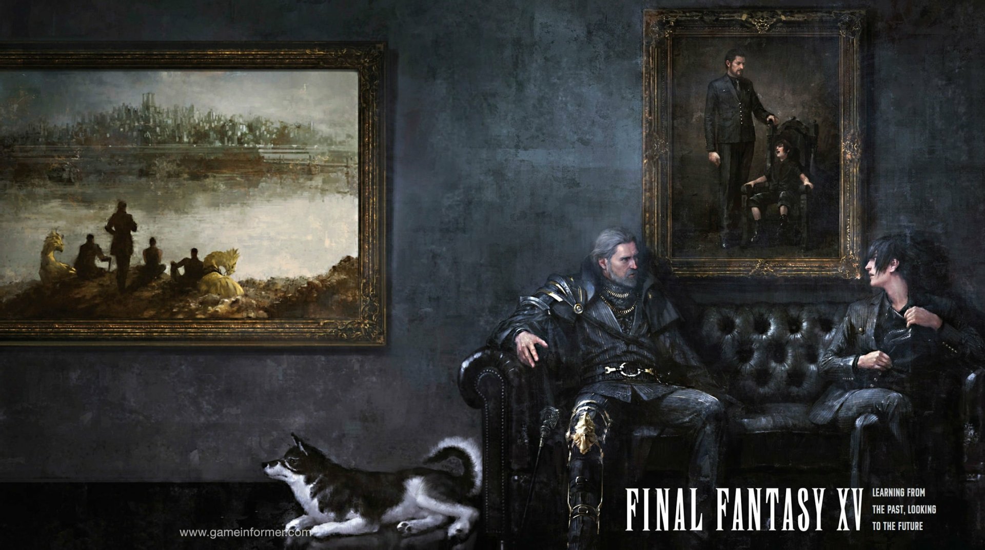 HD desktop wallpaper featuring characters from Final Fantasy XV sitting on a leather couch, with a dog lying in the foreground and framed artwork on the wall.