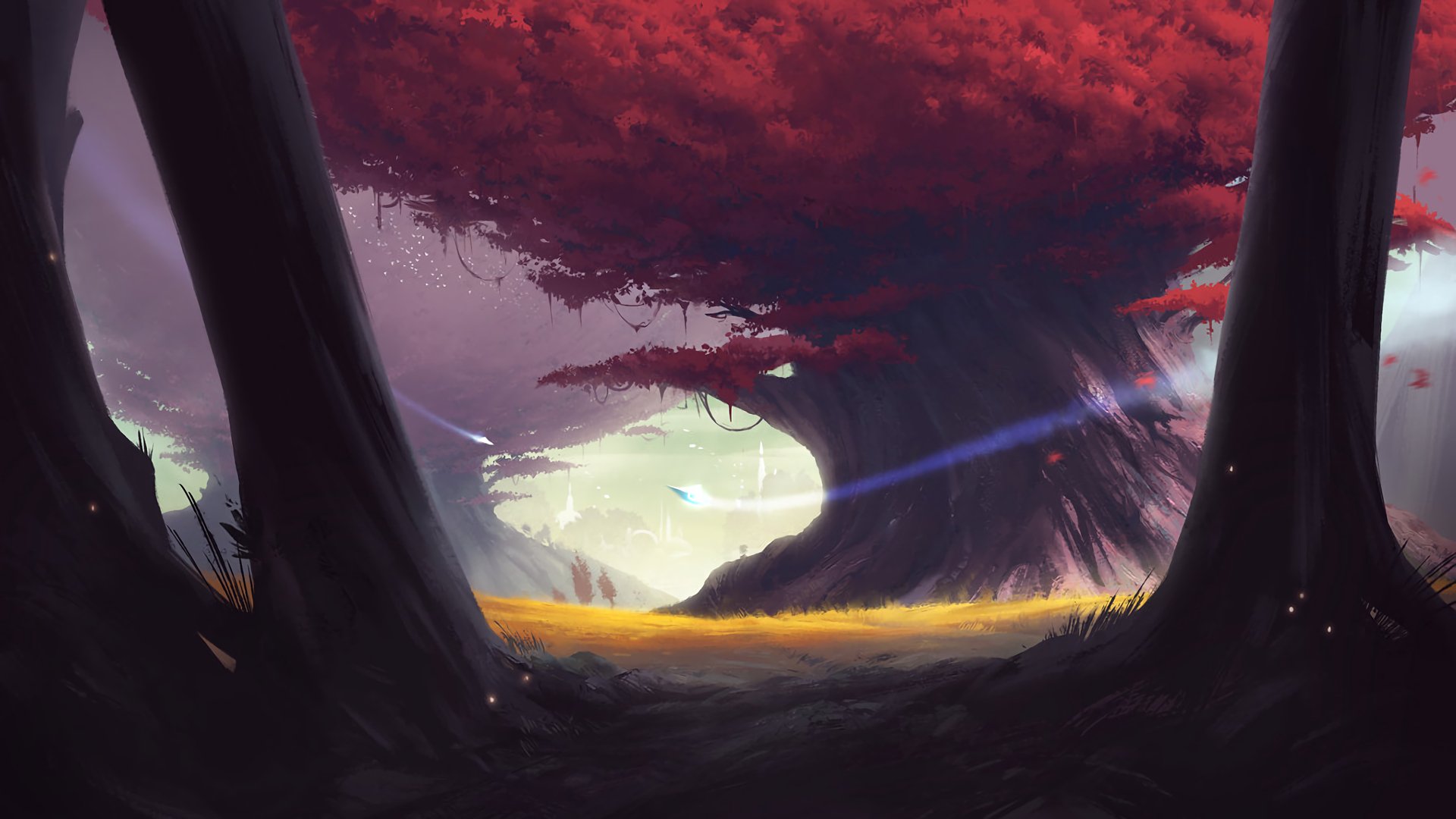 A vibrant fantasy forest scene with a striking red tree at its center, illuminated by ethereal light. This HD wallpaper creates an enchanting backdrop for your desktop.