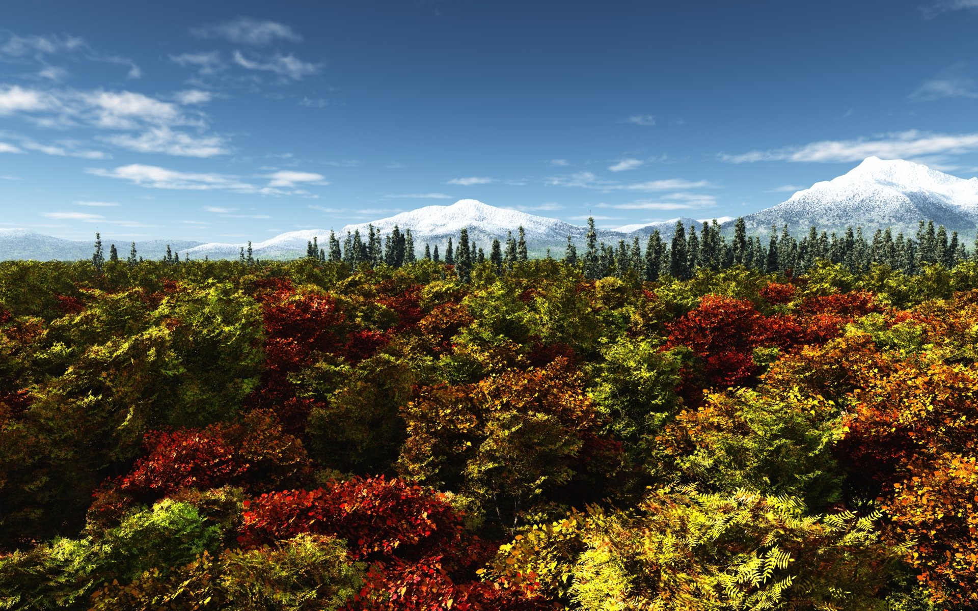 HD PC desktop wallpaper and background: nature forest in autumn with vibrant red, orange and yellow treetops, evergreen ridge and distant snow‑capped mountains beneath a bright blue sky.