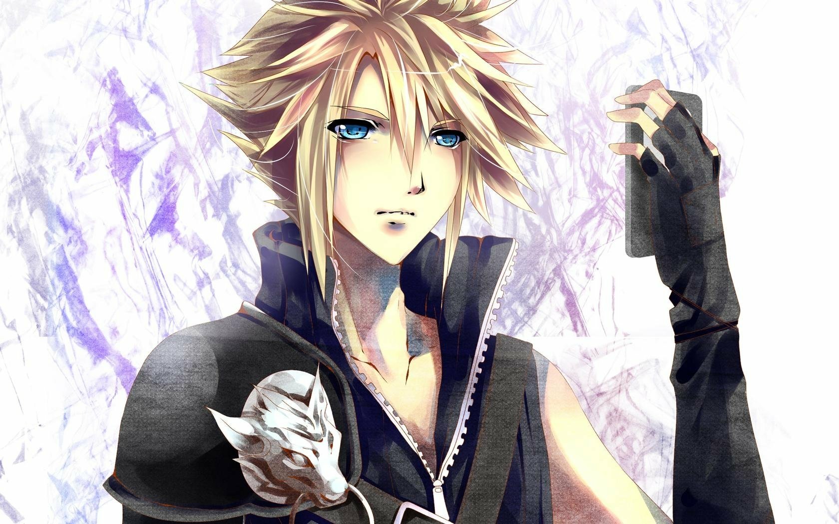 HD PC wallpaper featuring Cloud Strife from the video game Final Fantasy VII, showcasing his spiky blond hair, blue eyes, and signature black outfit against a light background.