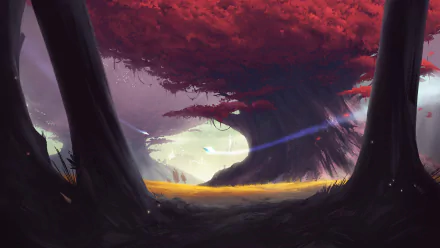 A vibrant fantasy forest scene with a striking red tree at its center, illuminated by ethereal light. This HD wallpaper creates an enchanting backdrop for your desktop.