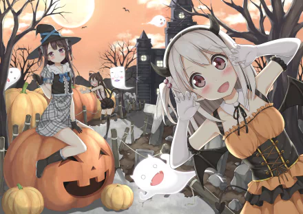 A vibrant anime-themed Halloween scene featuring two characters among pumpkins, ghosts, and a spooky backdrop, showcased as a high-definition desktop wallpaper.