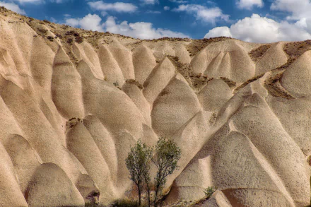 HD desktop wallpaper showcasing the unique sandy rock formations of Cappadocia, Turkey, under a partly cloudy sky in a desert-like natural landscape.
