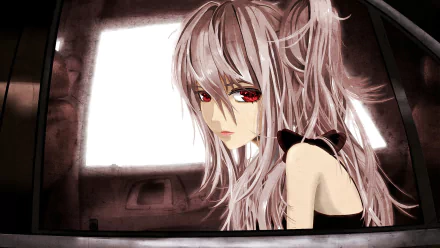 Hagane Miku Vocaloid anime wallpaper: long blonde hair and red eyes, gazing somberly as she sits by a bright window — HD PC desktop background.