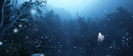 A serene HD wallpaper featuring Emilia from Re:Zero - Starting Life in Another World, standing in a magical, snowy forest at night. The ethereal atmosphere highlights the beauty of the anime scene.