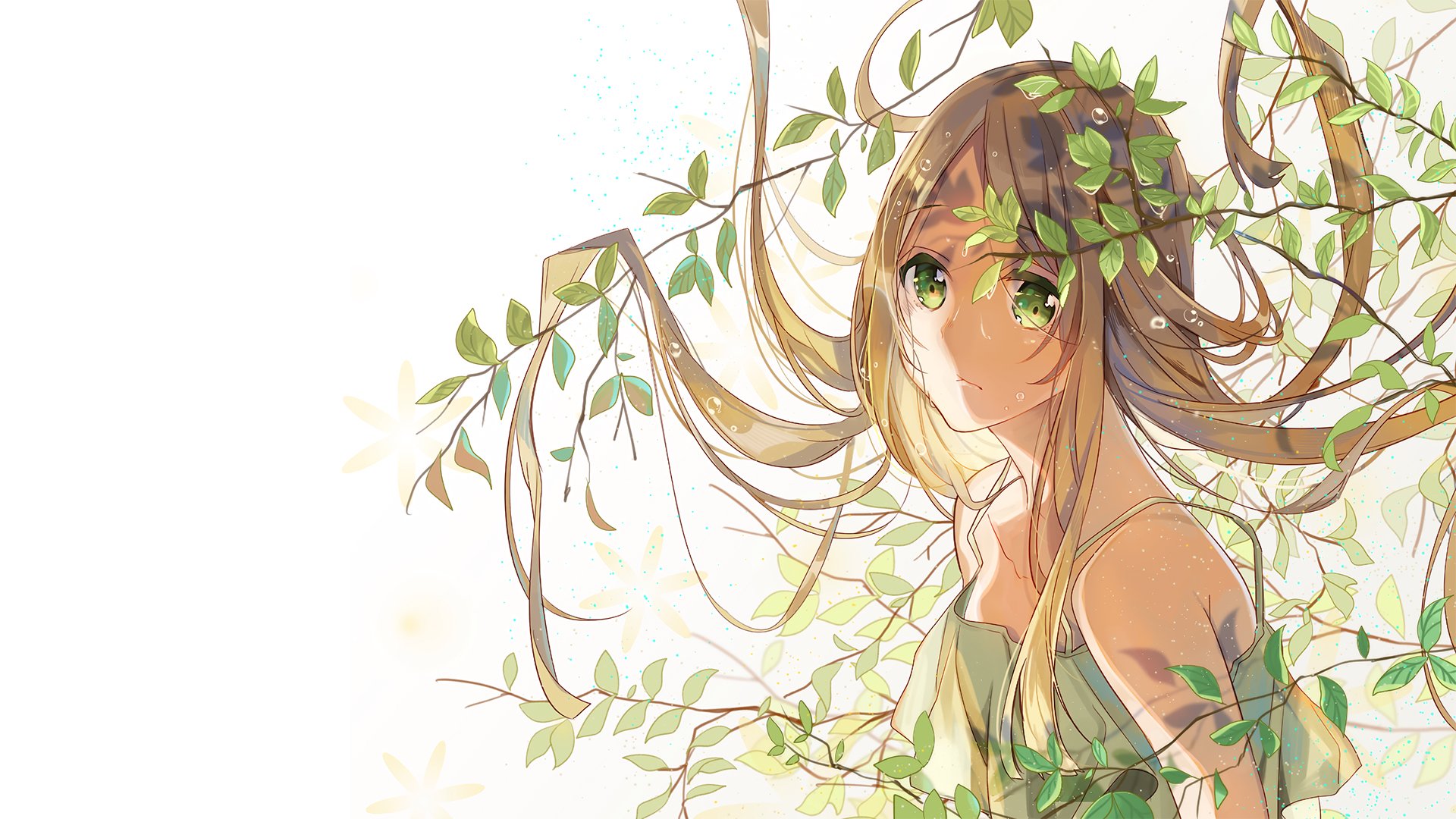 Anime-style original artwork of a girl with long flowing hair intertwined with green leaves, designed as an HD PC desktop wallpaper and background.