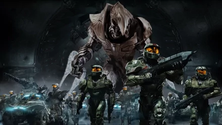 A dramatic HD wallpaper featuring characters from the video game Halo Wars, showcasing a group of soldiers and a towering enemy in a dark, intense setting.